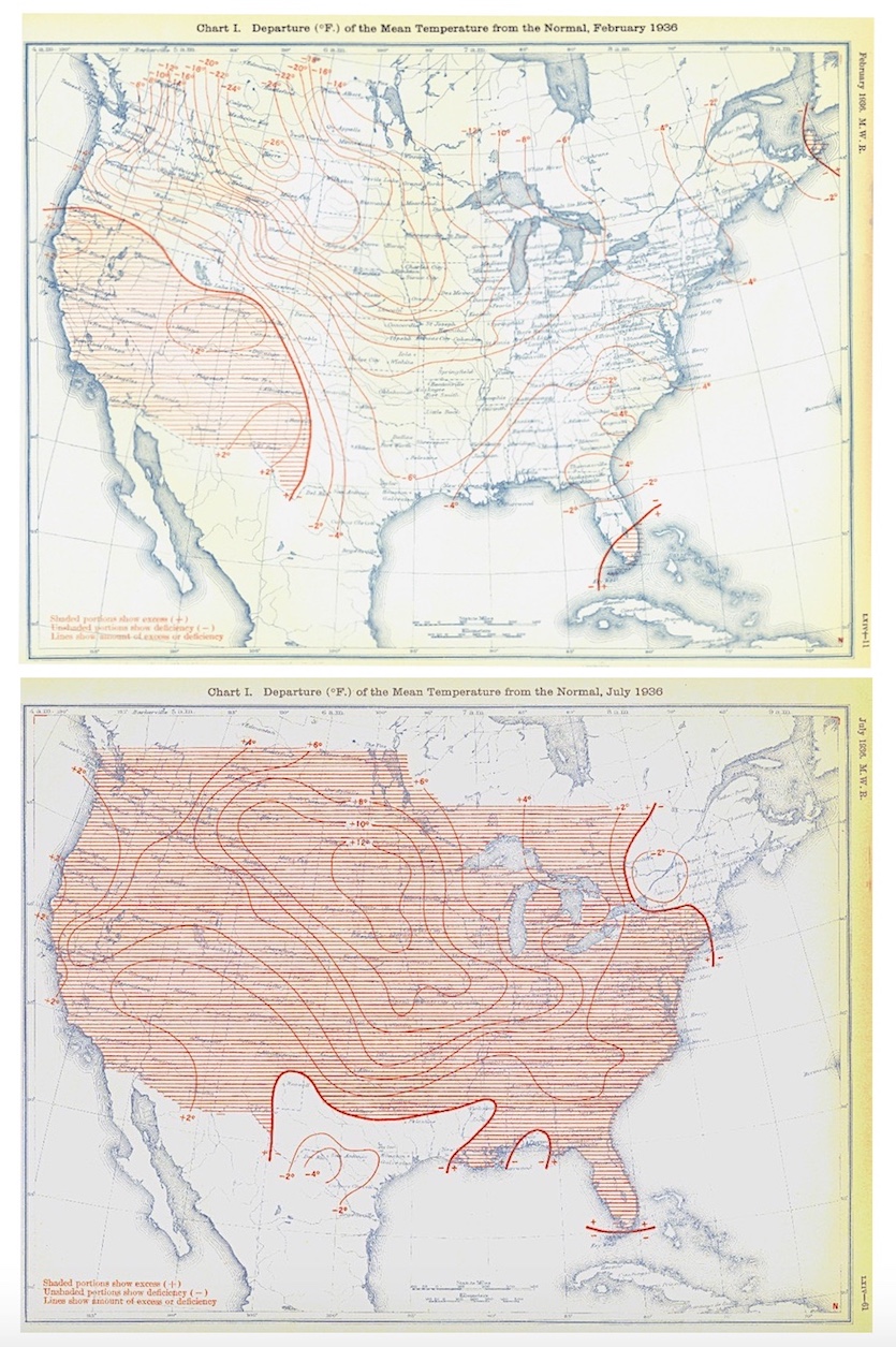 Maps of the average temperature departure from normal for the contiguous U.S. during the months of February 1936 (coldest February on record) and July 1936 (hottest July on record). 