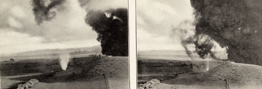 Two photos of fire whirls that developed during the oil fire of April 7-11, 1926