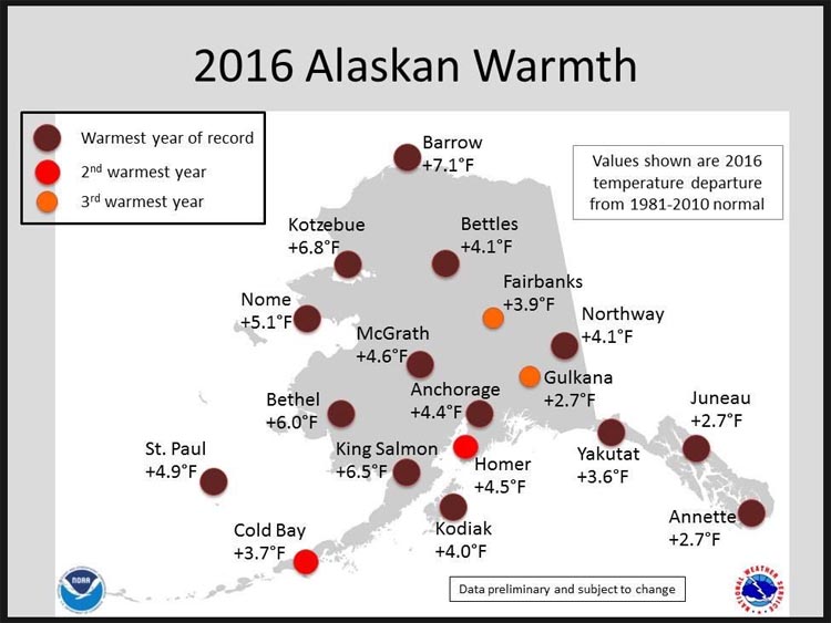 Map of Alaska showing locations with record temperatures in 2016