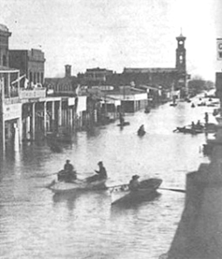 Downtown Sacramento at the height of the flood in January 1862.