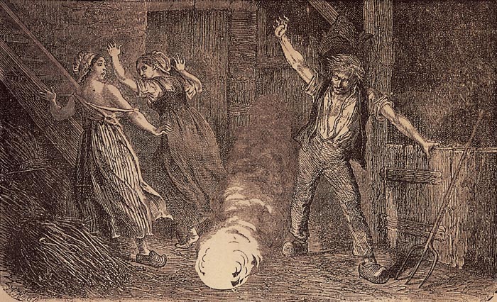 A fanciful 19th-century lithograph illustrates ball lightning terrorizing folks in a barn