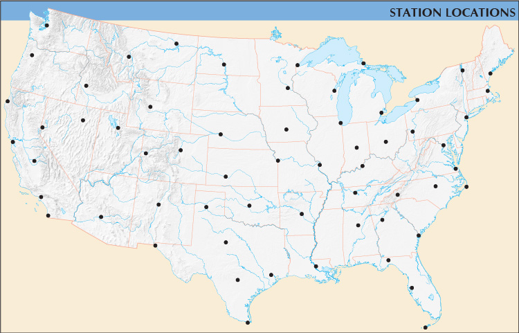 Locations of the 60 cities used in 2010-2017 records analysis