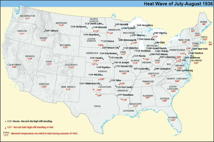 Map summarizing the extreme heat records attained during the summer of 1936