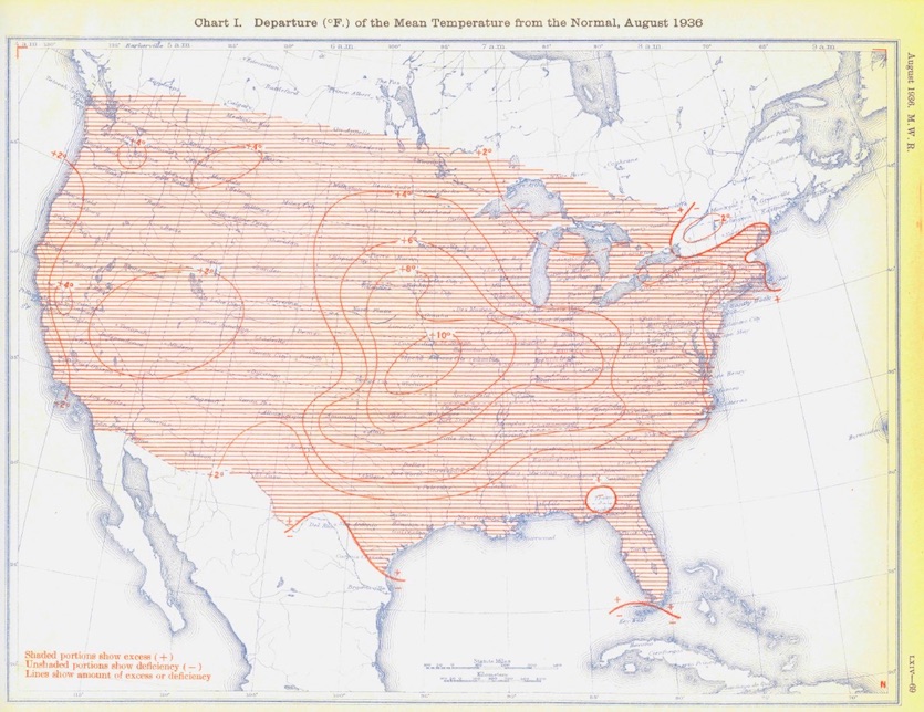 U.S. temperature departure from average during August 1936