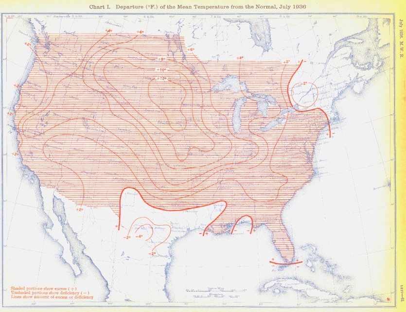 U.S. temperature departure from average during July 1936